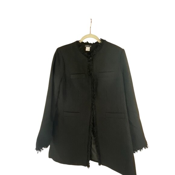 Venus Womens Black Fringe-Trim Textured Open Front Long Jacket Sz 12 Whimsygoth - Picture 1 of 5